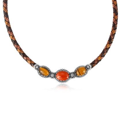 Sterling Silver Red Jasper and Tiger's Eye Brown Tonal Braided Leather 3-Stone Necklace