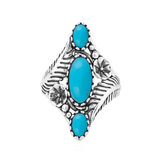 Sterling Silver Kingman Turquoise Oval Leaf and Vine Ring