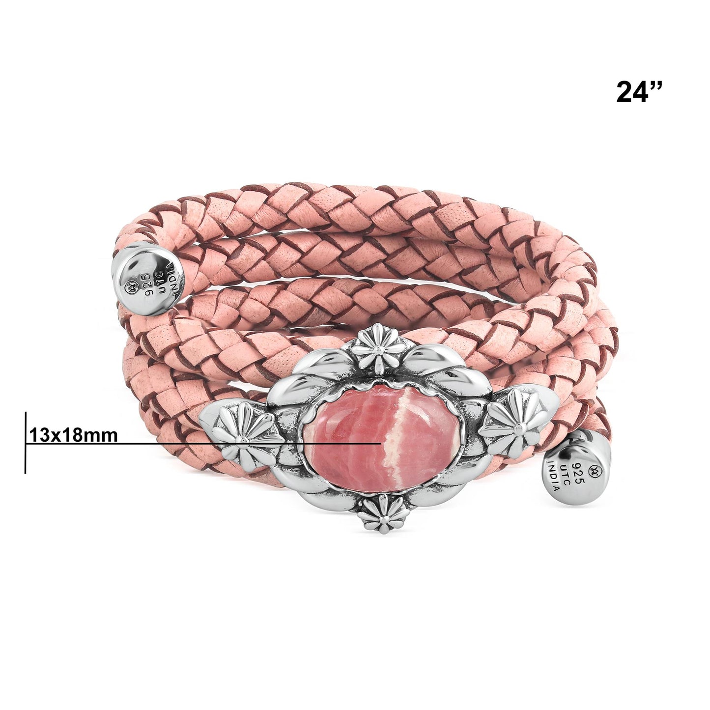 Sterling Silver Rhodochrosite Pink Braided Leather Coil Wrap Bracelet, 24 Inches