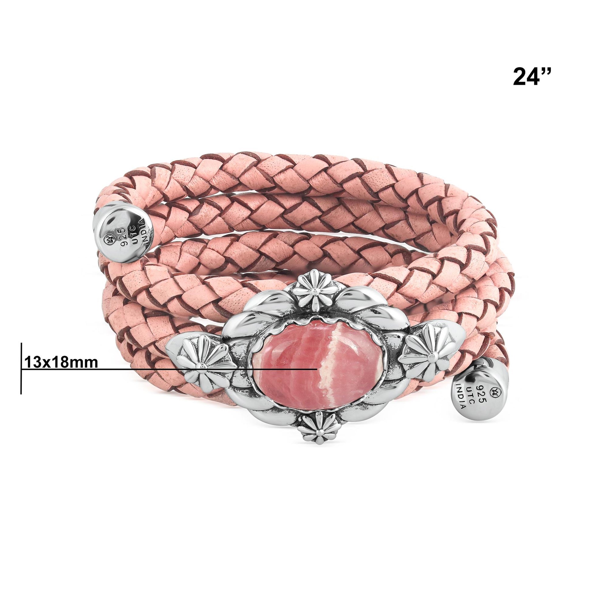 Sterling Silver Rhodochrosite Pink Braided Leather Coil Wrap Bracelet, 24 Inches