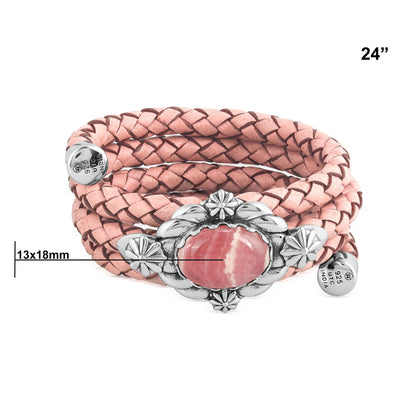 Sterling Silver Rhodochrosite Pink Braided Leather Coil Wrap Bracelet, 24 Inches