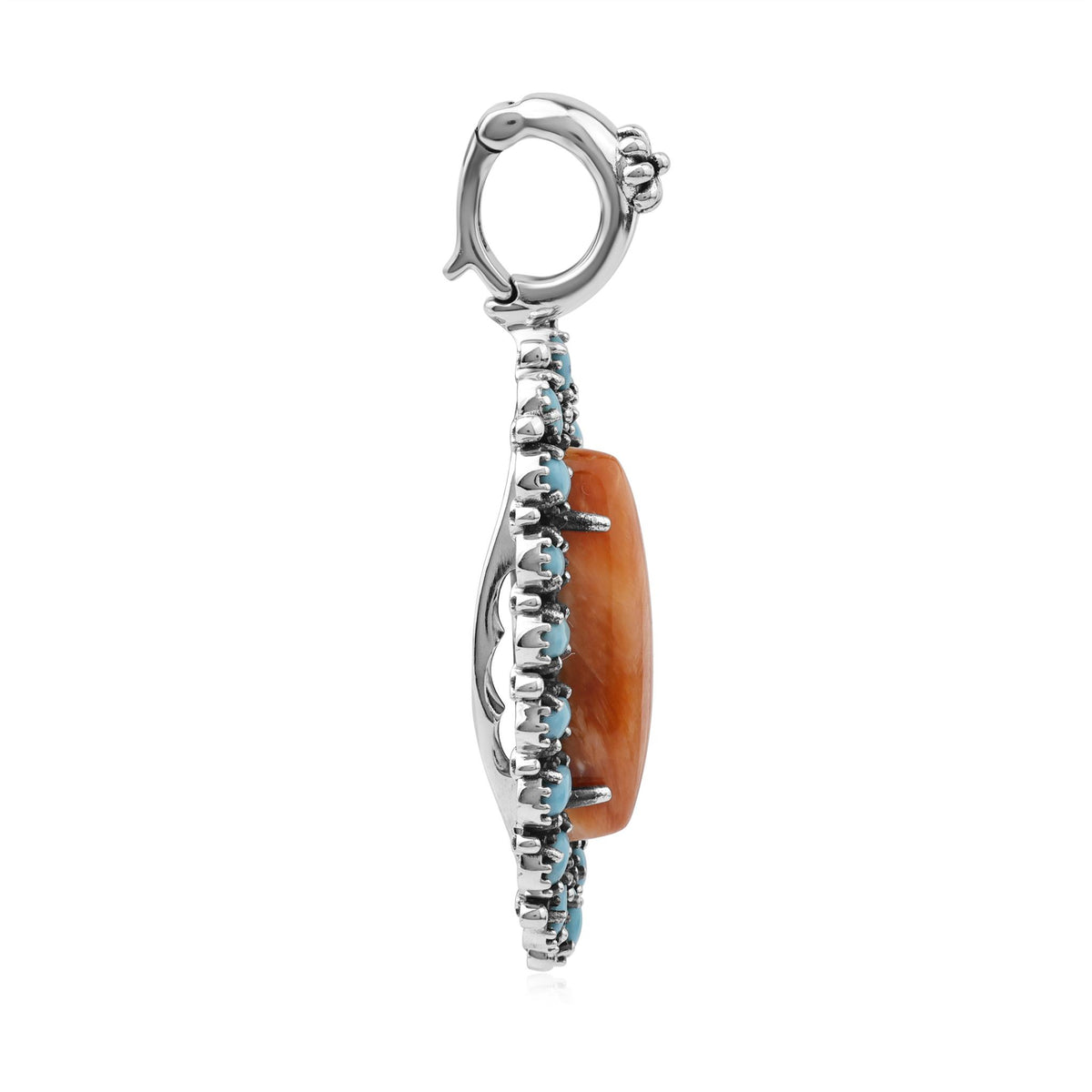 Sterling Silver Orange Spiny Oyster Kingman Turquoise Petit Point Oval and Pear Pendant Enhancer 