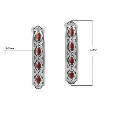Sterling Silver Red Jasper Patterned J-Hoop 1 Inch Earrings 