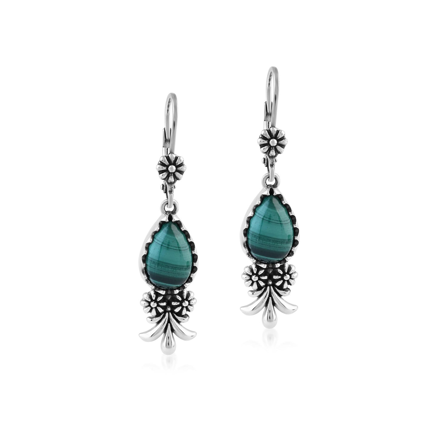  Sterling Silver Malachite Teardrop Concha Squash Blossom Dangle Earrings
