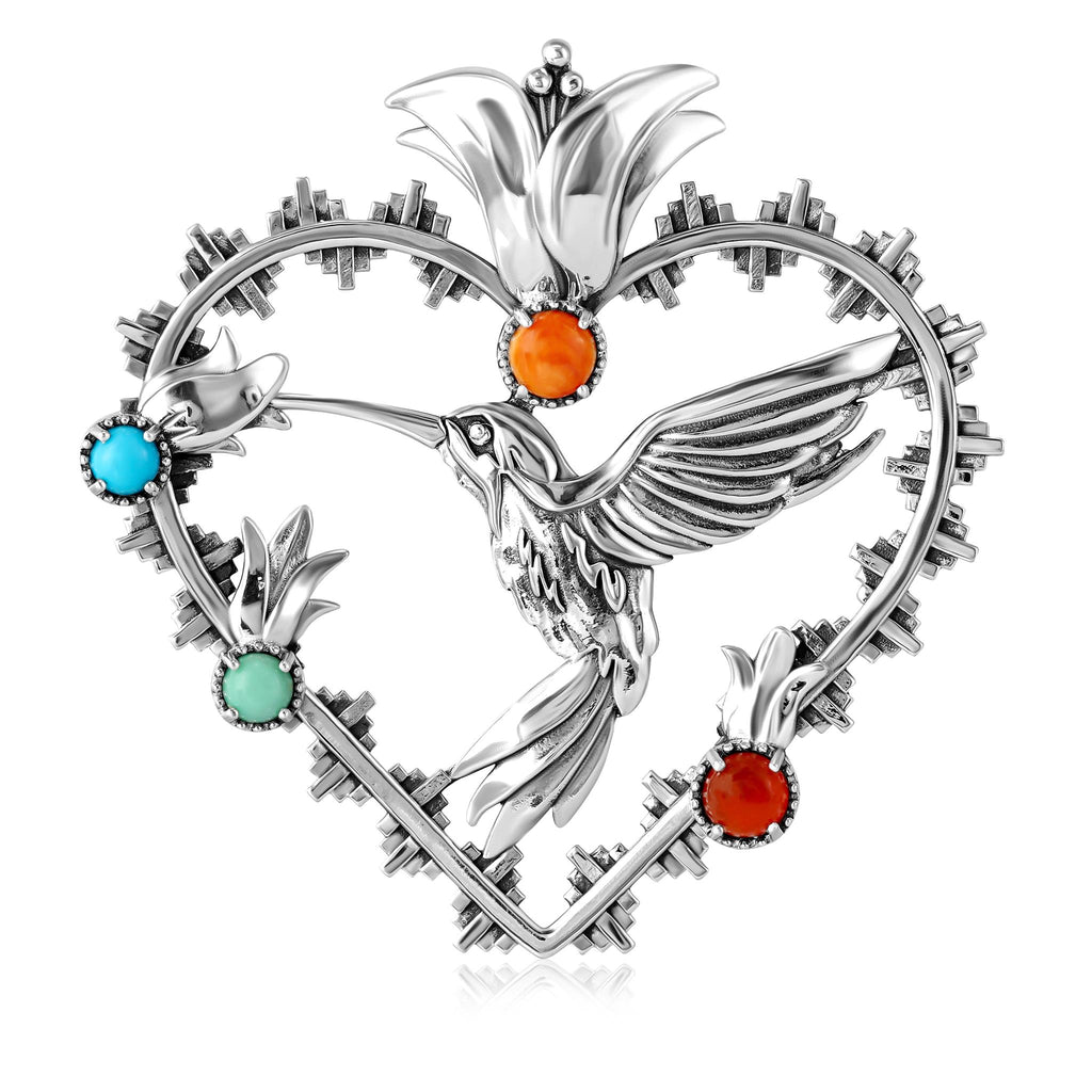 Sterling Silver Multi-Gemstone Fritz Casuse Heart Hummingbird Pendant Enhancer