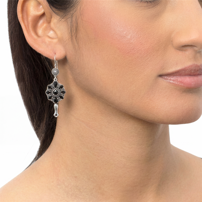  Sterling Silver Black Onyx Flower Cluster Squash Blossom Earrings