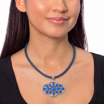 Sterling Silver Denim Lapis Blue Leather Cluster Necklace, 17 to 20 Inches