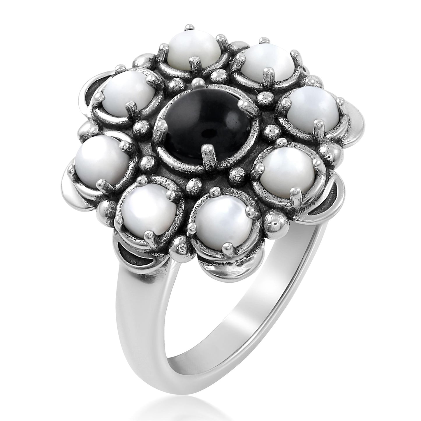 Sterling Silver Black Onyx and White Mother of Pearl Round Cut Flower Cluster Ring