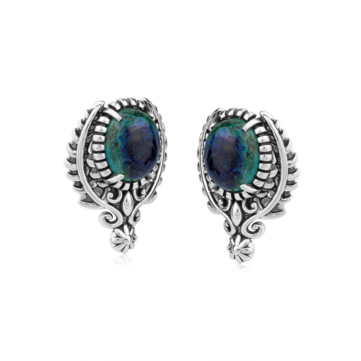 Sterling Silver Azurite Leaf and Vine Oval Post Earrings