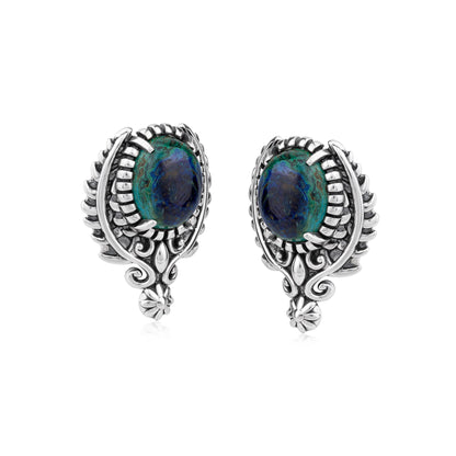 Sterling Silver Azurite Leaf and Vine Oval Post Earrings
