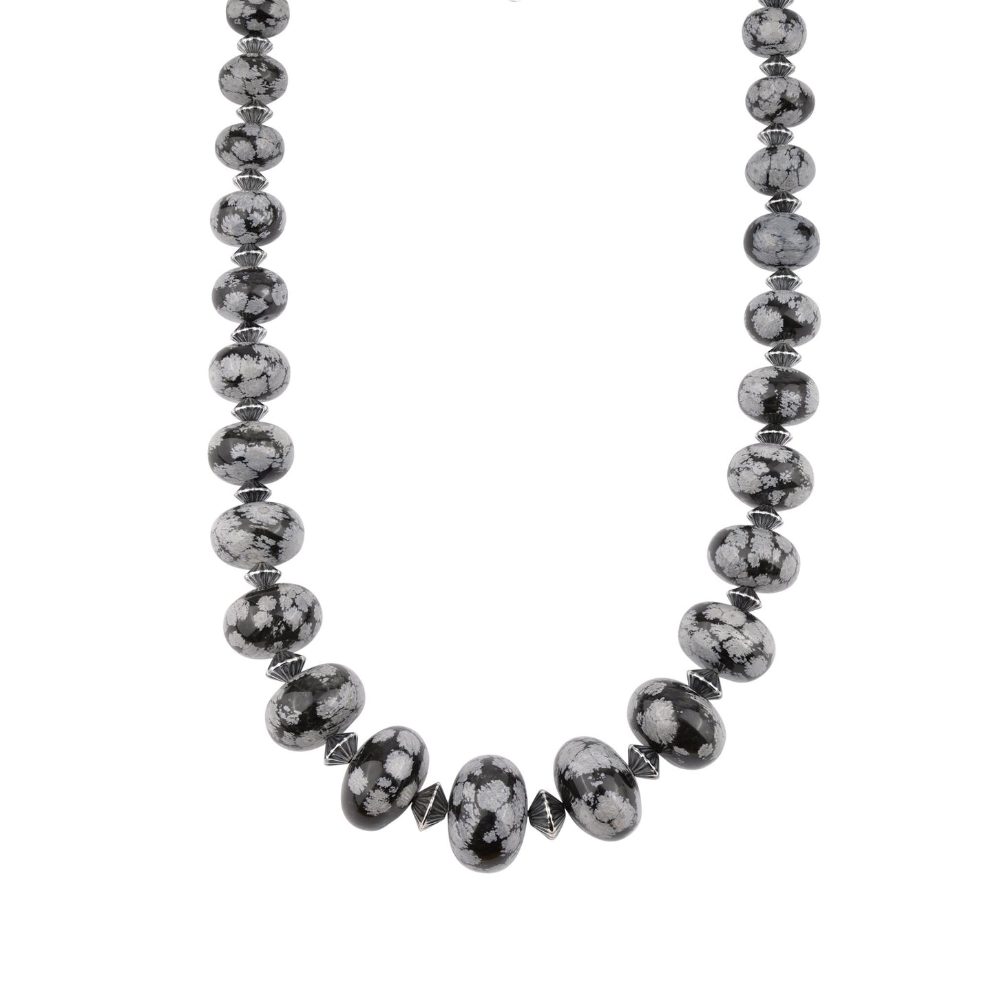 Sterling Silver Snowflake Obsidian Graduated Rondelle Bead Chunky Necklace