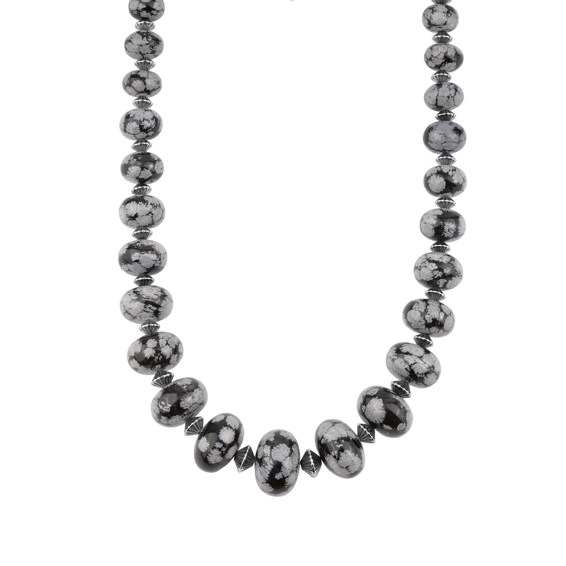 Sterling Silver Snowflake Obsidian Graduated Rondelle Bead Chunky Necklace