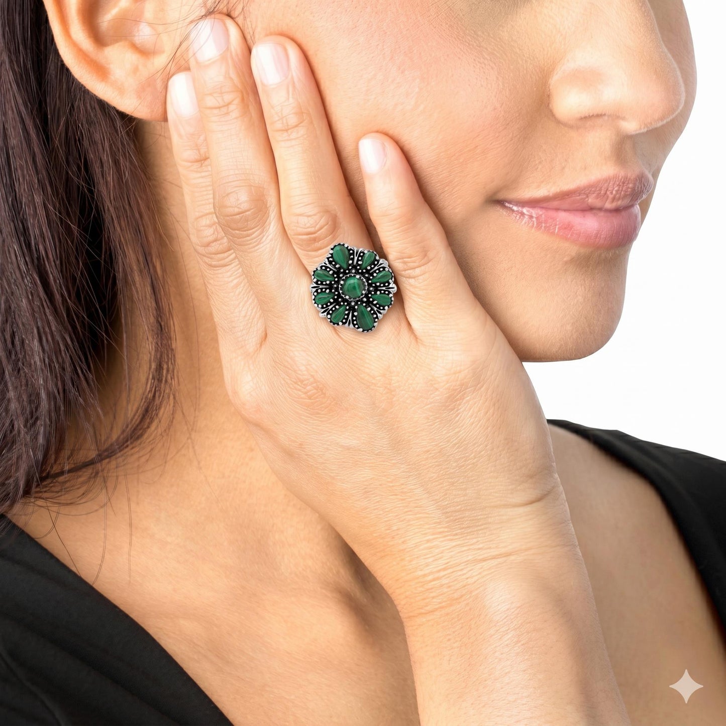  Sterling Silver Malachite Flower Cluster Ring, Sizes 5 to 10