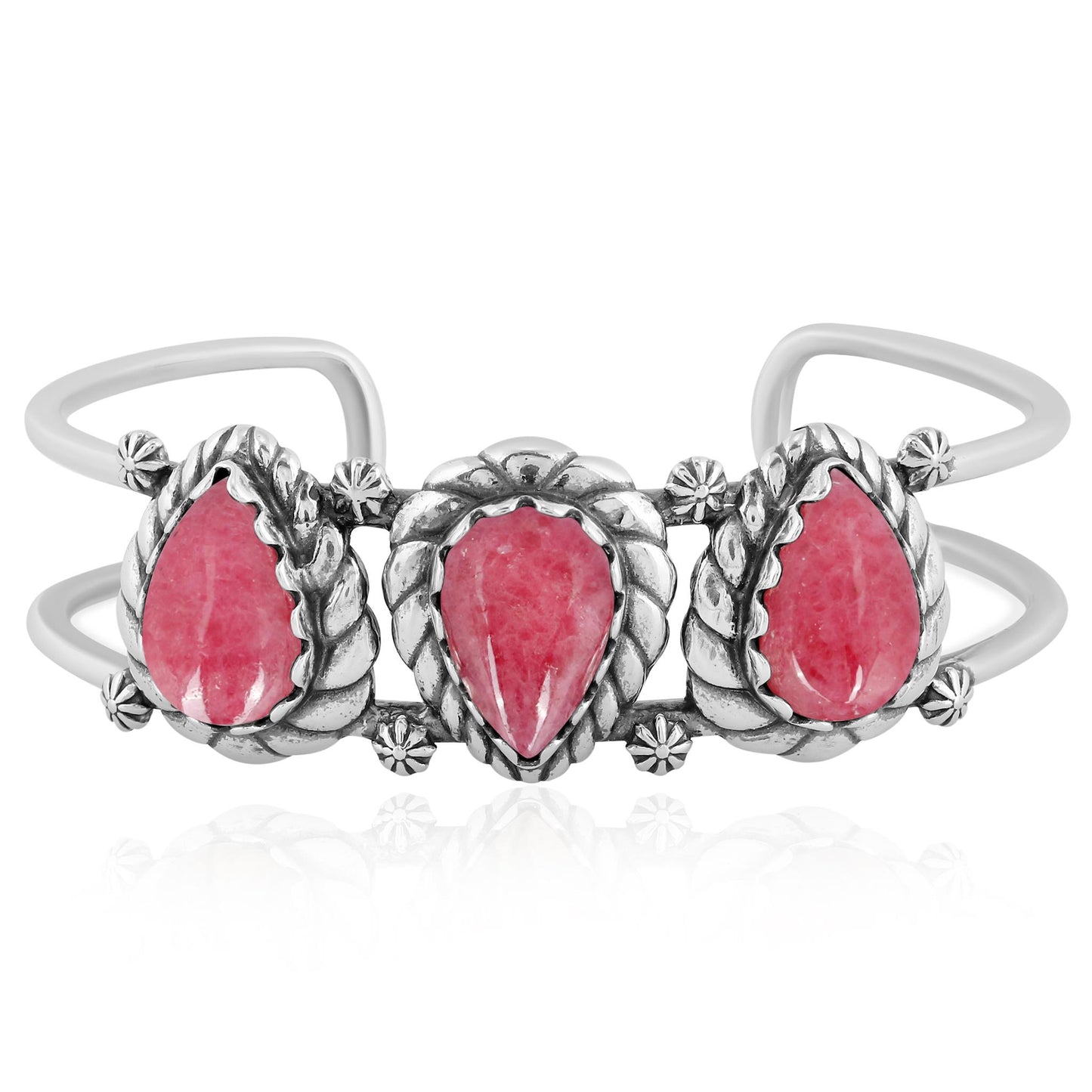 Sterling Silver Rhodonite Pear Cut Rope Design Cuff Bracelet