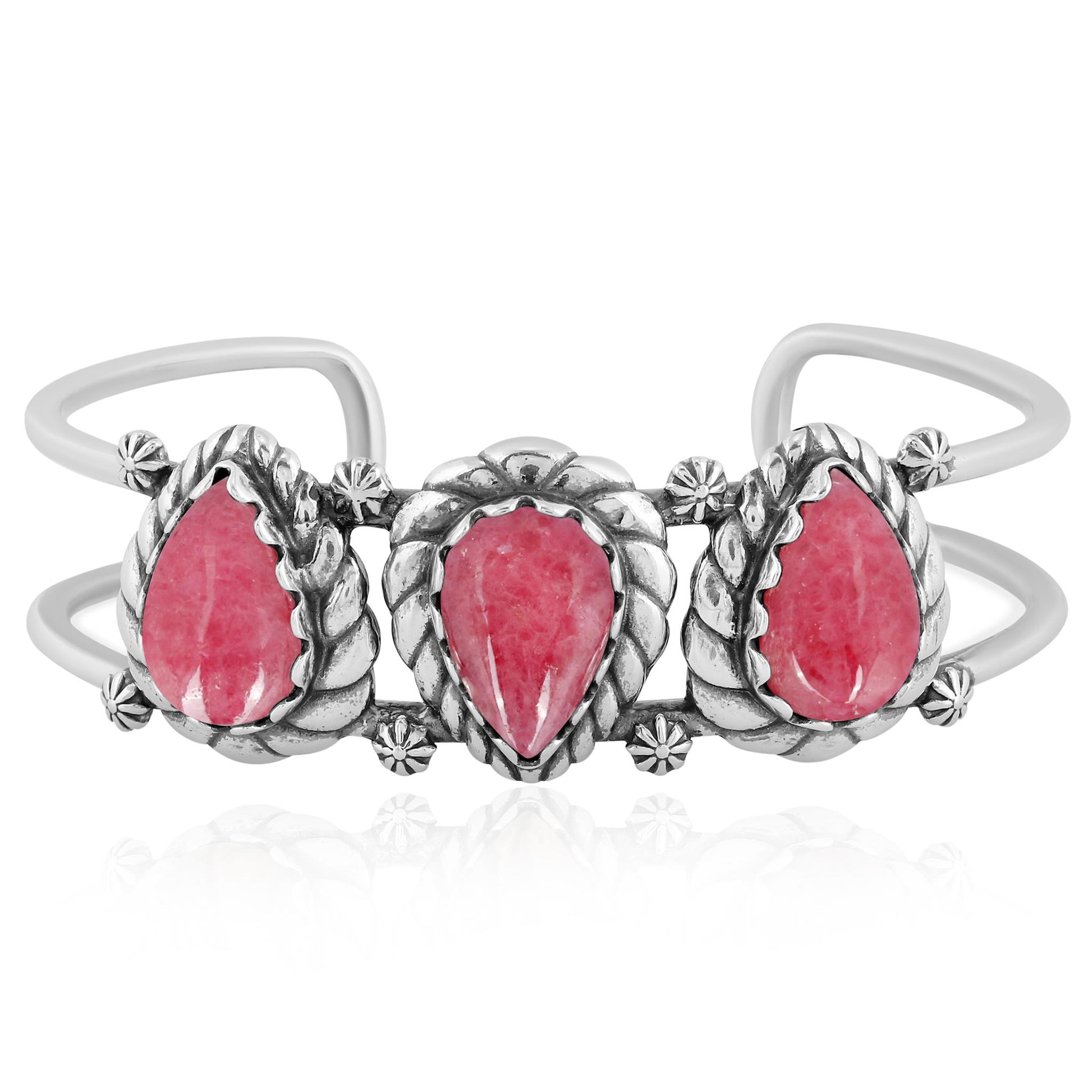 Sterling Silver Rhodonite Pear Cut Rope Design Cuff Bracelet