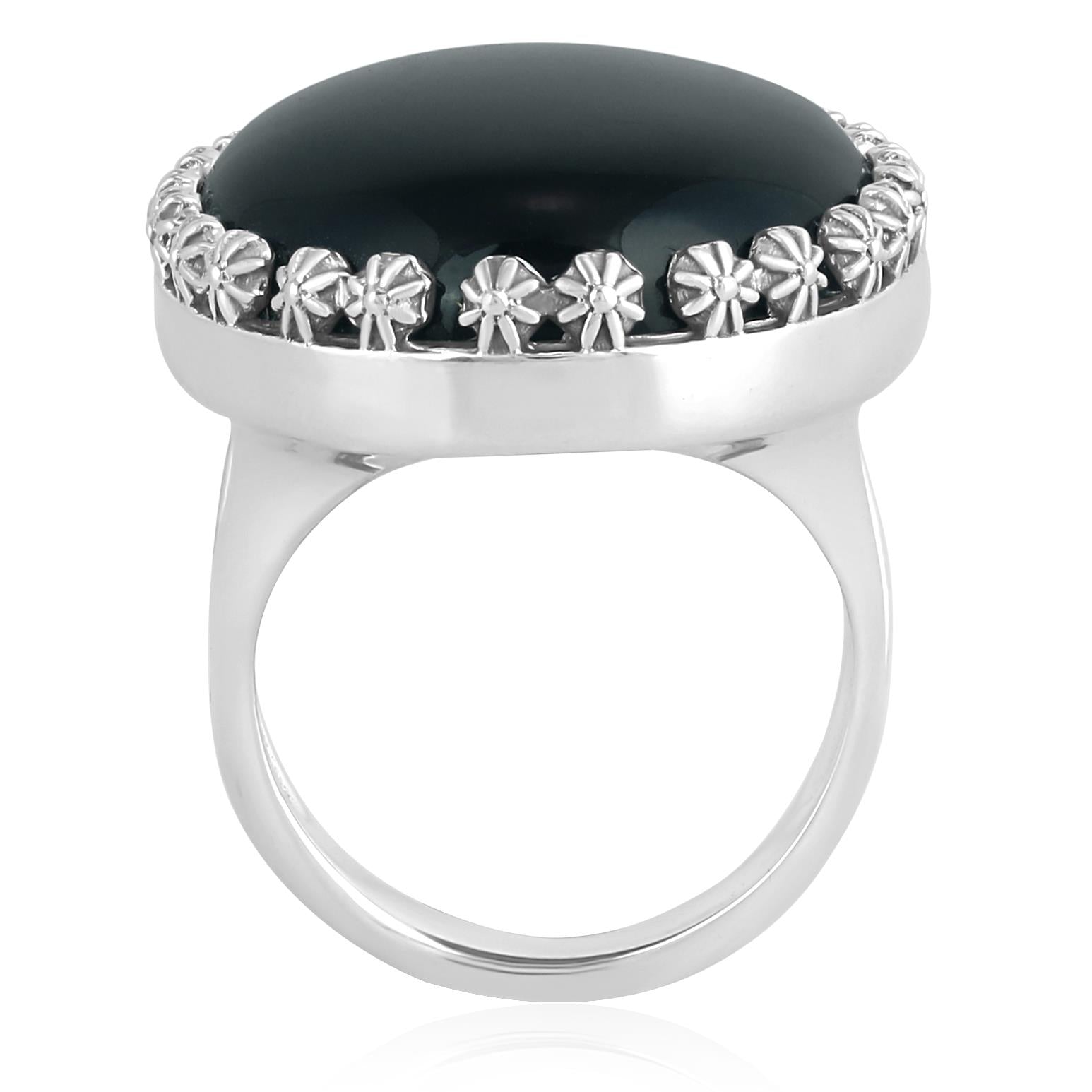 Sterling Silver Black Onyx Concha Flower Border Oval Cut Ring