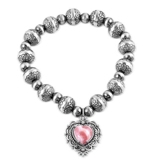 Sterling Silver Rhodochrosite Heart Charm Bead Bracelet