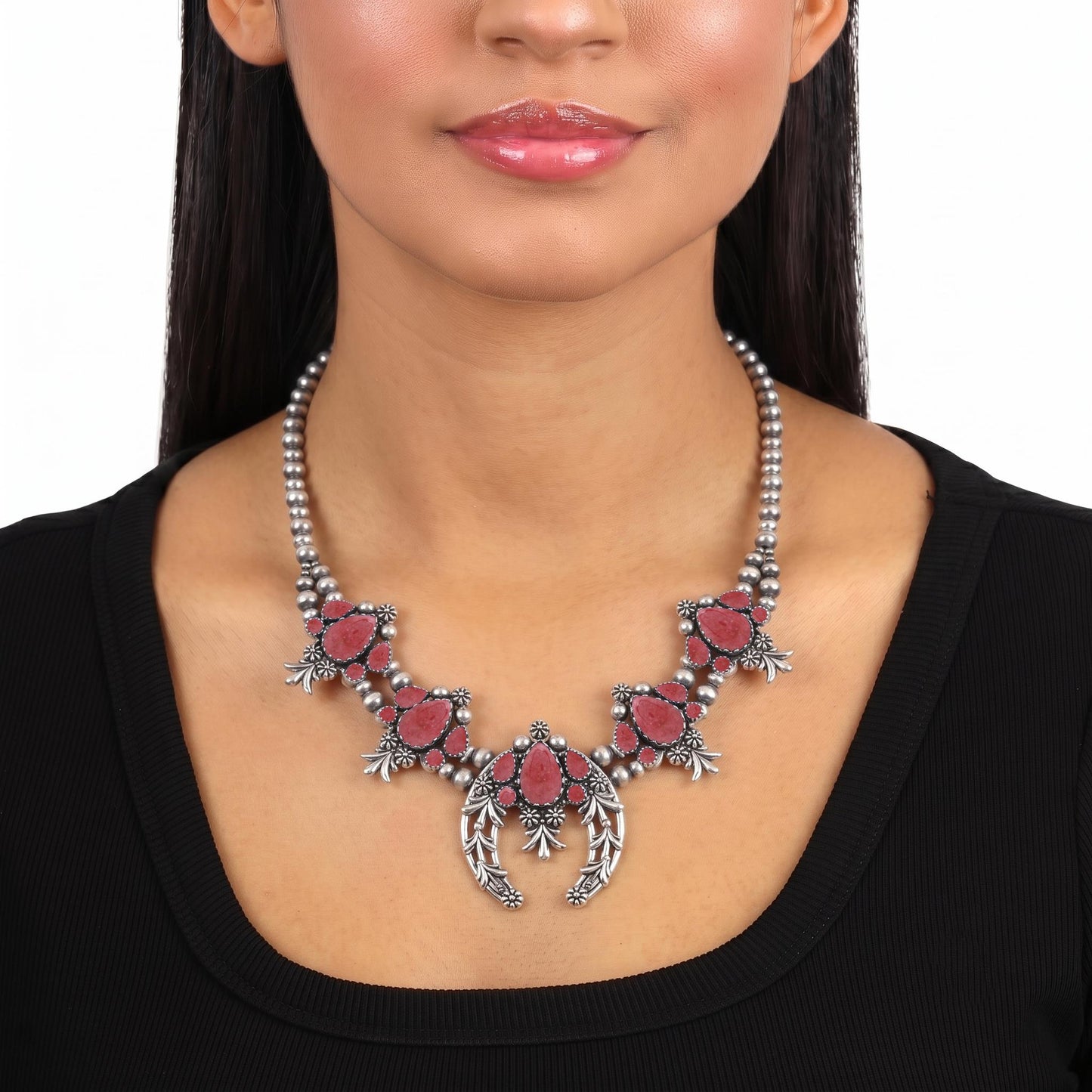 LIMITED EDITION! Sterling Silver Rhodonite Pear Cut Squash Blossom Naja Necklace, 17 to 20 Inches