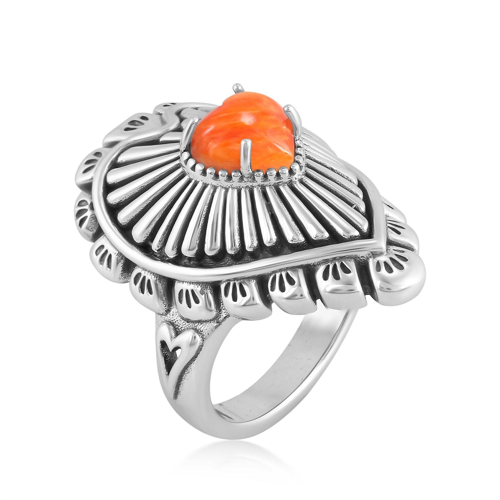 Sterling Silver Orange Spiny Oyster Bold Heart Ring, Sizes 5 to 10