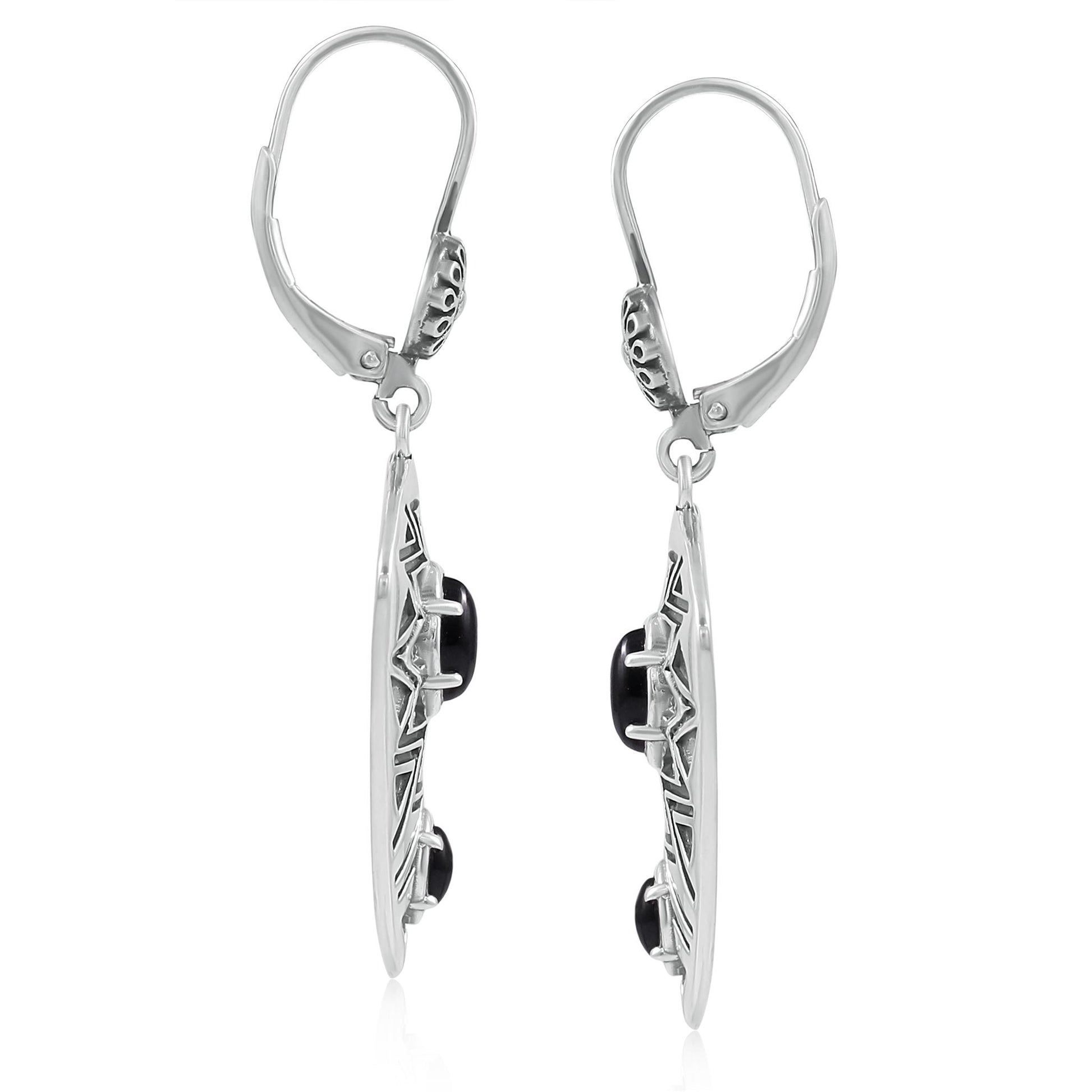 Sterling Silver Marquise Black Agate Patterned Lever Back Earrings 