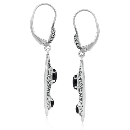 Sterling Silver Marquise Black Agate Patterned Lever Back Earrings 