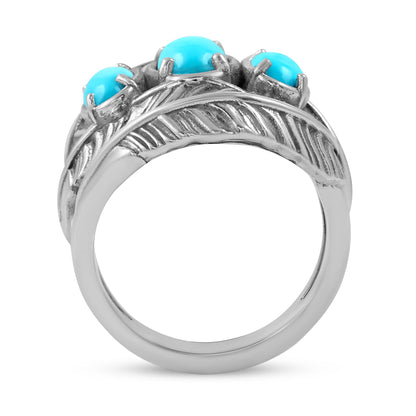 Sterling Silver Sleeping Beauty Turquoise Three-Stone Oval Cut Feather Ring, Sizes 5 to 11
