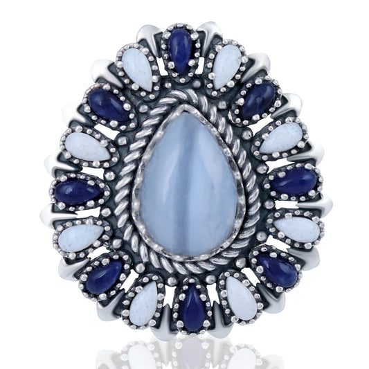 Sterling Silver Blue Lace Agate, Sodalite and White Agate Pear-Shaped Cluster Ring