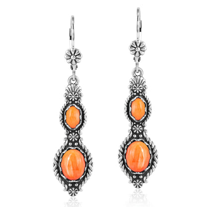 Sterling Silver Orange Spiny Oyster Oval Cut Dangle Earrings