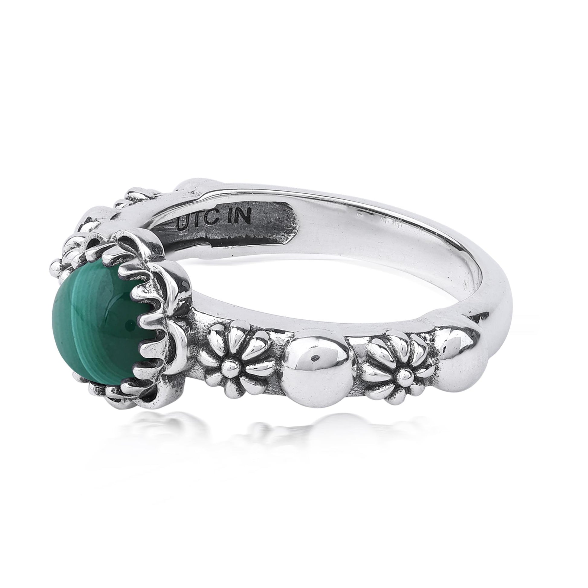  Sterling Silver Malachite Single Row Concha Flower Ring
