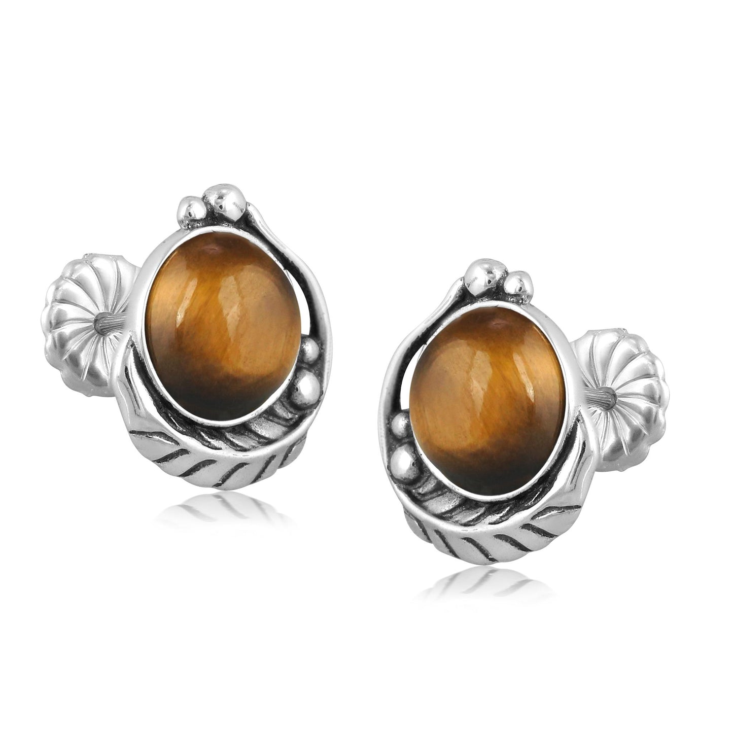 Sterling Silver Tiger's Eye Gemstone Leaf Design Button Earrings