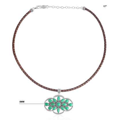 Sterling Silver Green Turquoise Brown Leather Cluster Necklace, 17 to 20 Inches