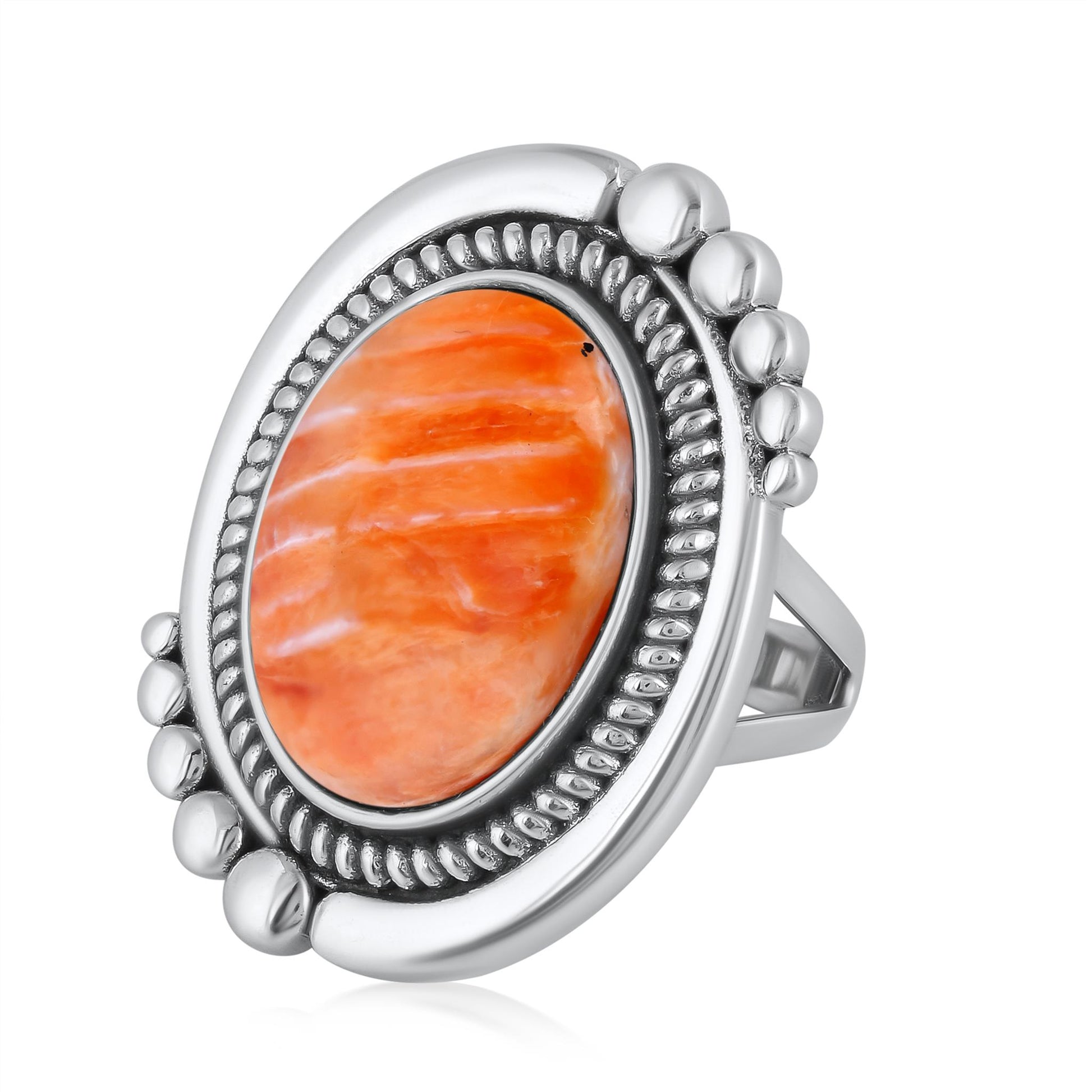 Sterling Silver Orange Spiny Oyster Oval Beaded Ring