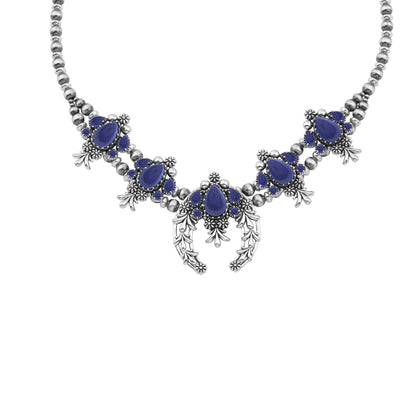 LIMITED EDITION! Sterling Silver Lapis Pear Cut Squash Blossom Naja Necklace, 17 to 20 Inches