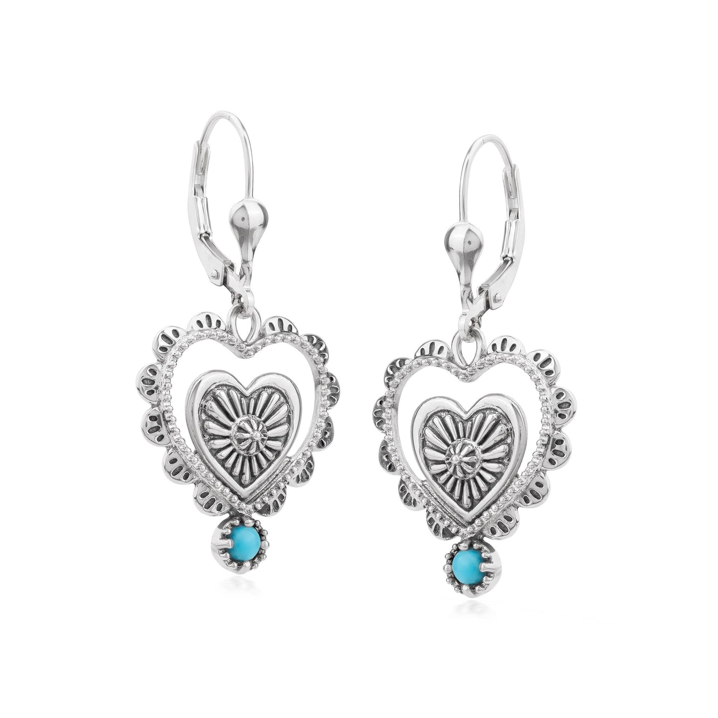 EXCLUSIVELY OURS! Sterling Silver Sleeping Beauty Turquoise Concha Heart Lever Back Earrings