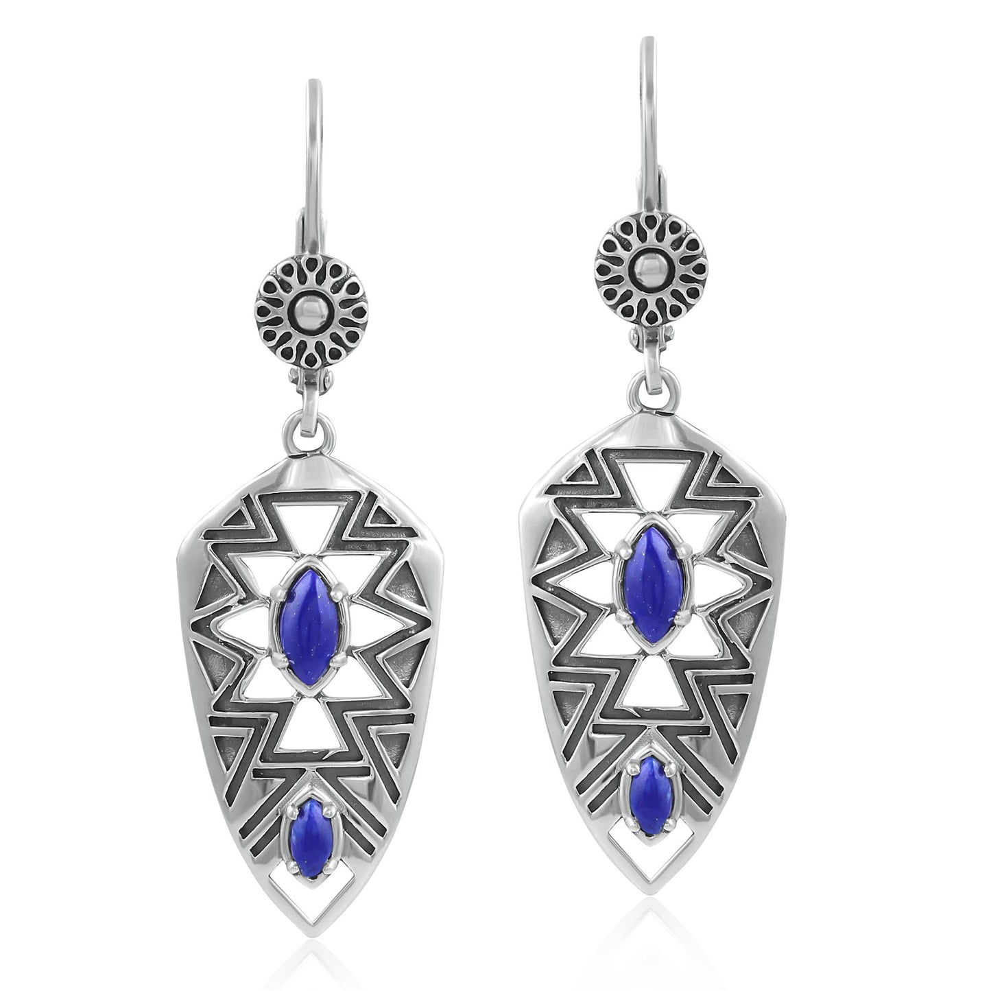 Sterling Silver Marquise Lapis Patterned Lever Back Earrings 