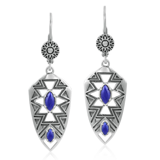 Sterling Silver Marquise Lapis Patterned Lever Back Earrings 
