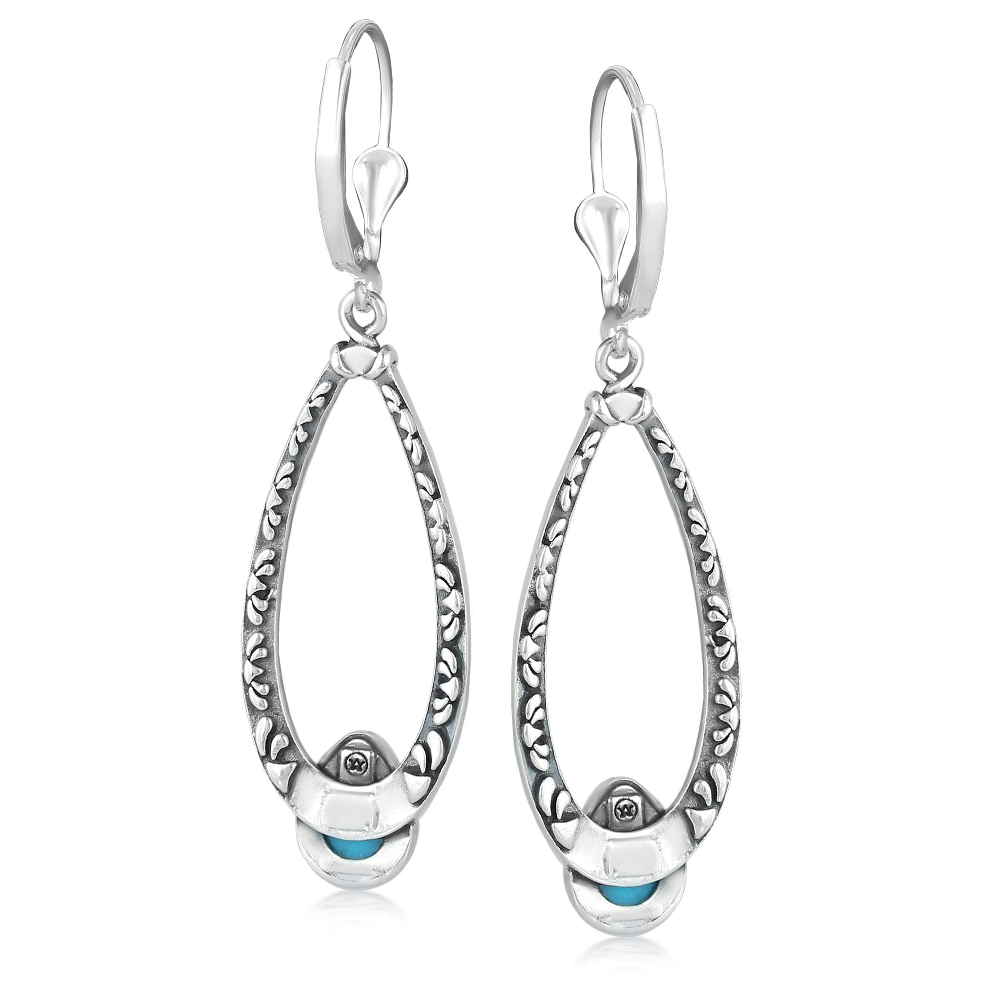 Sterling Silver Turquoise Pear-Cut Long Oval Lever Back Dangle Earrings
