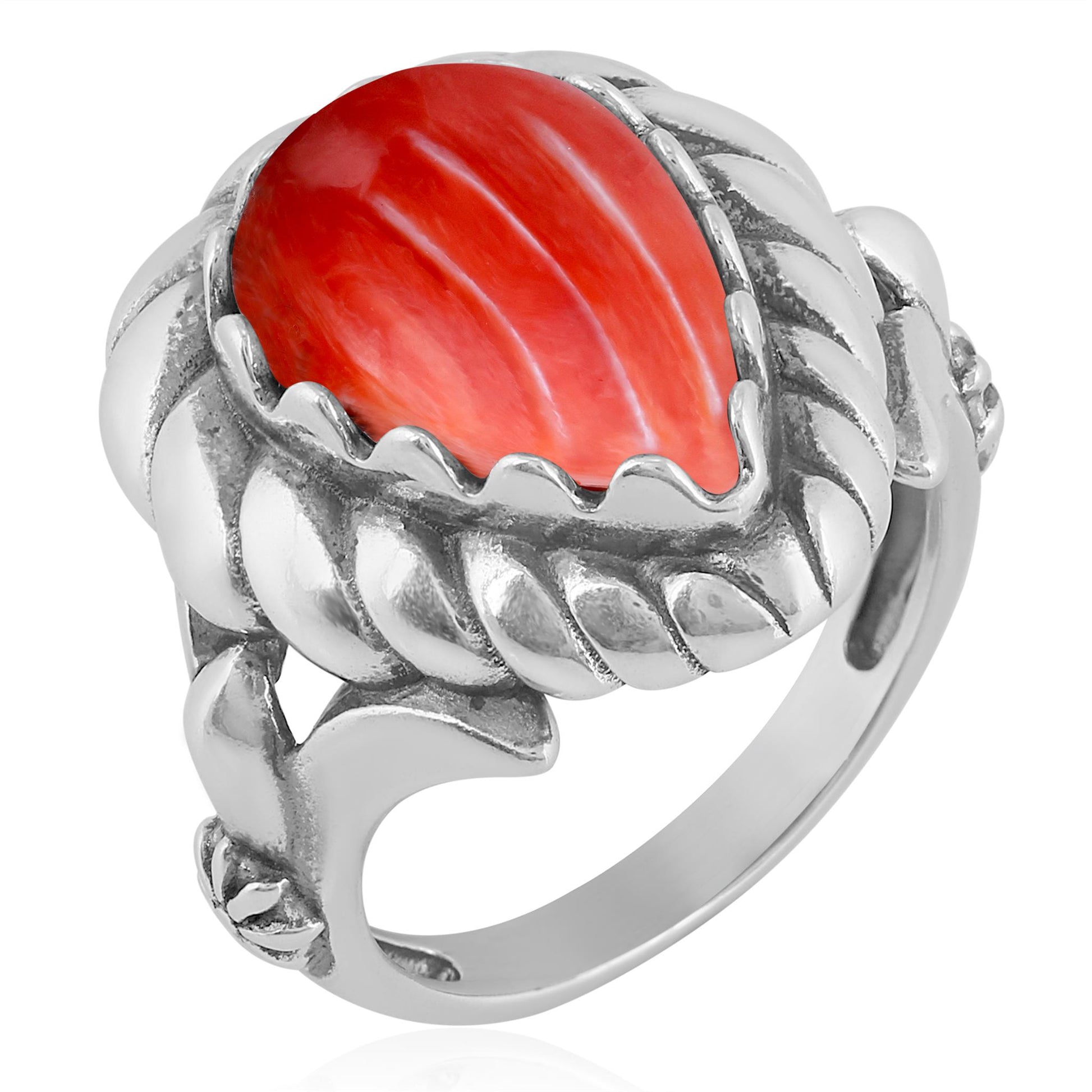 Sterling Silver Red Spiny Oyster Pear Cut Rope Ring