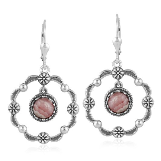 Sterling Silver Rhodochrosite Circle Concha Lever Back Earrings