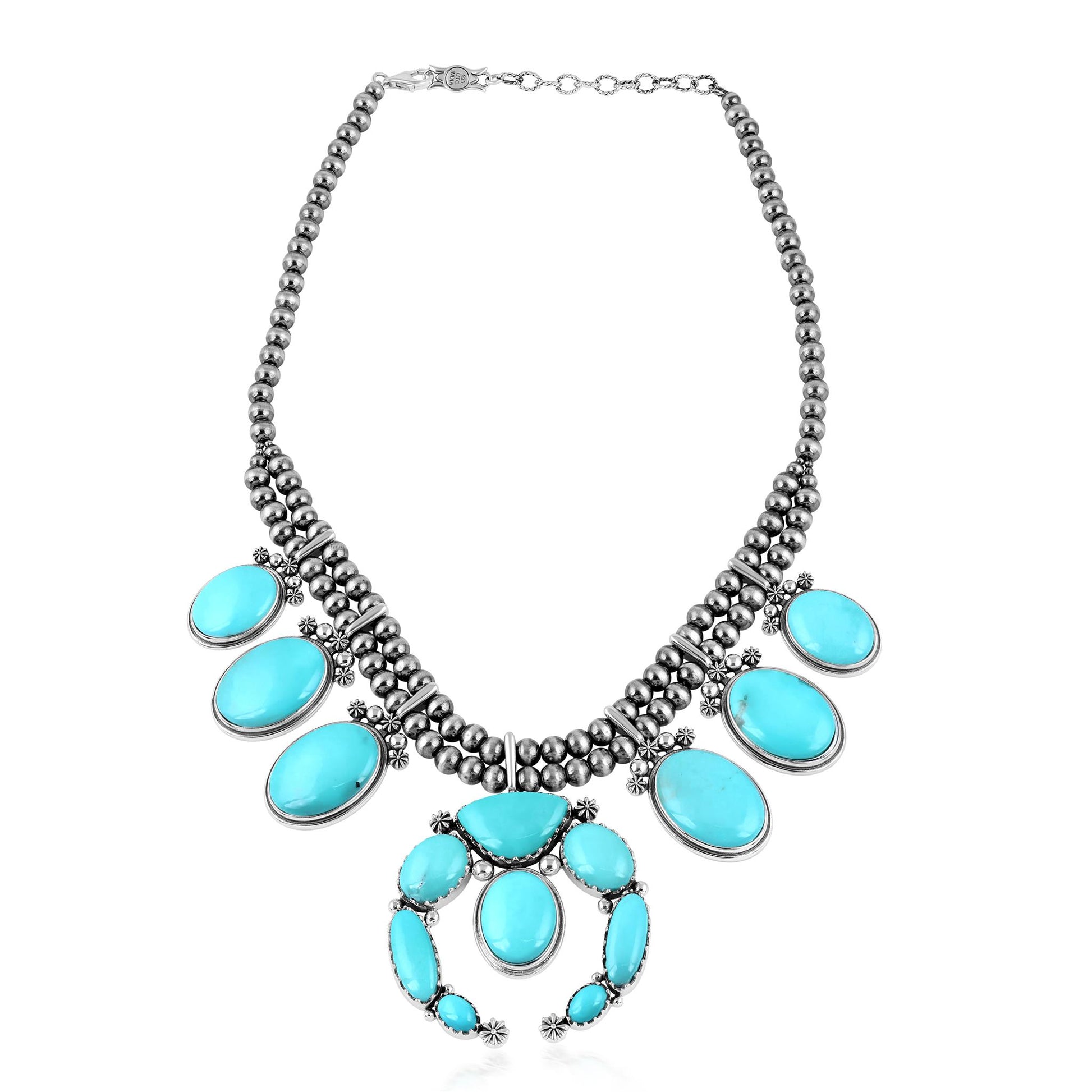 Sterling Silver Kingman Turquoise Naja Squash Blossom Statement Necklace