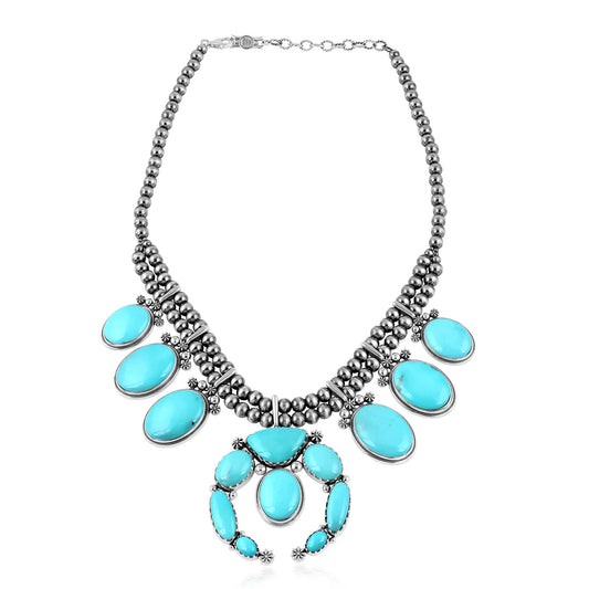 Sterling Silver Kingman Turquoise Naja Squash Blossom Statement Necklace