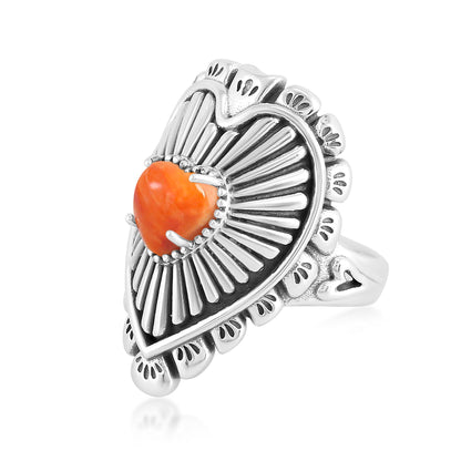 Sterling Silver Orange Spiny Oyster Bold Heart Ring, Sizes 5 to 10