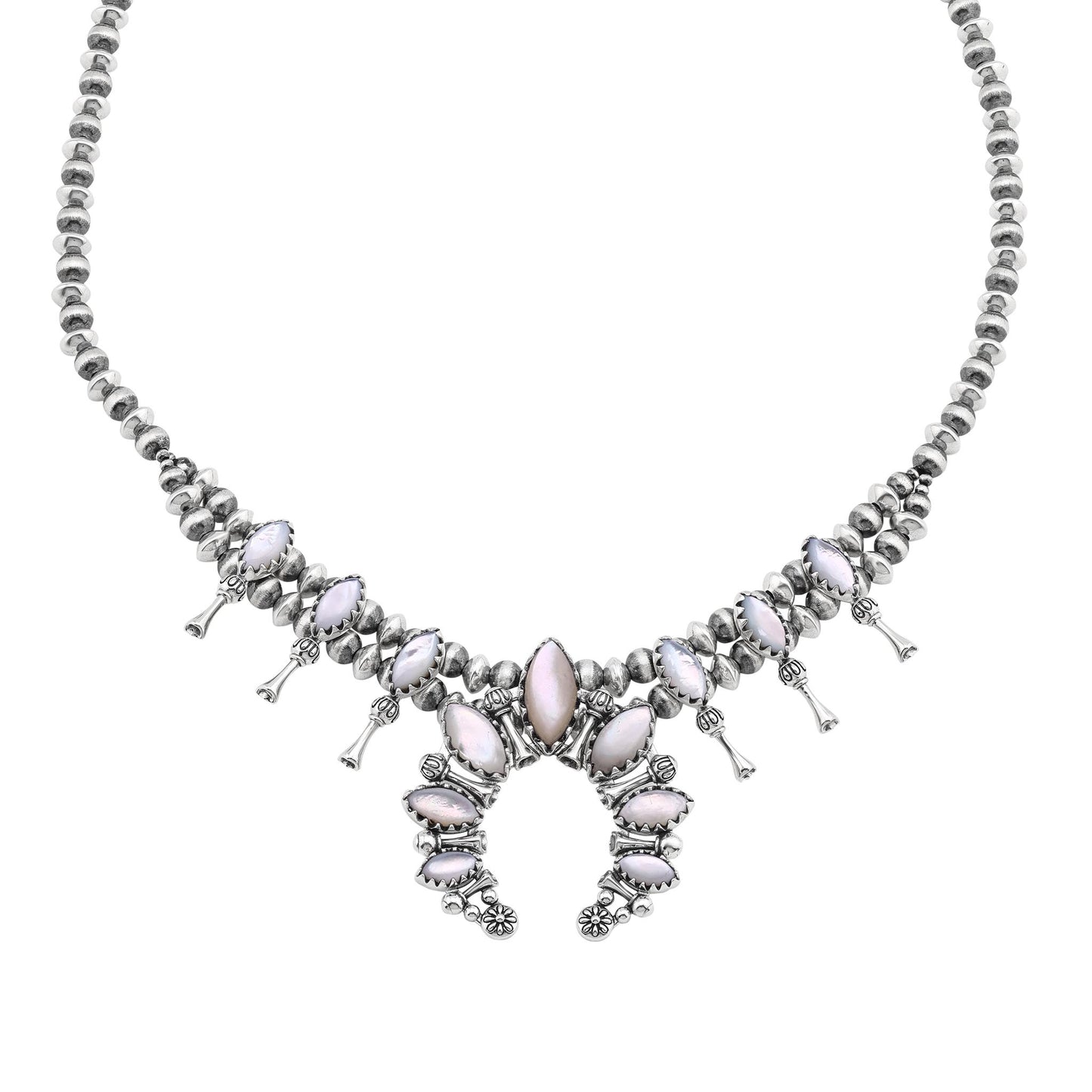  Sterling Silver White Mother of Pearl Marquise-Cut Squash Blossom Necklace 