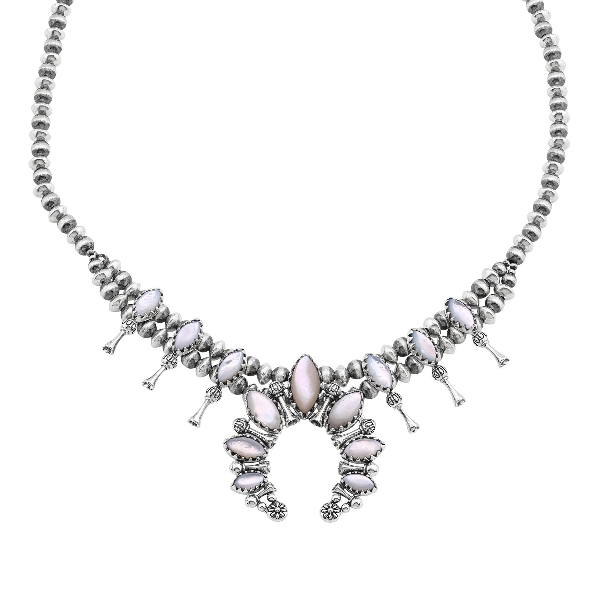  Sterling Silver White Mother of Pearl Marquise-Cut Squash Blossom Necklace 