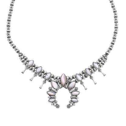  Sterling Silver White Mother of Pearl Marquise-Cut Squash Blossom Necklace 