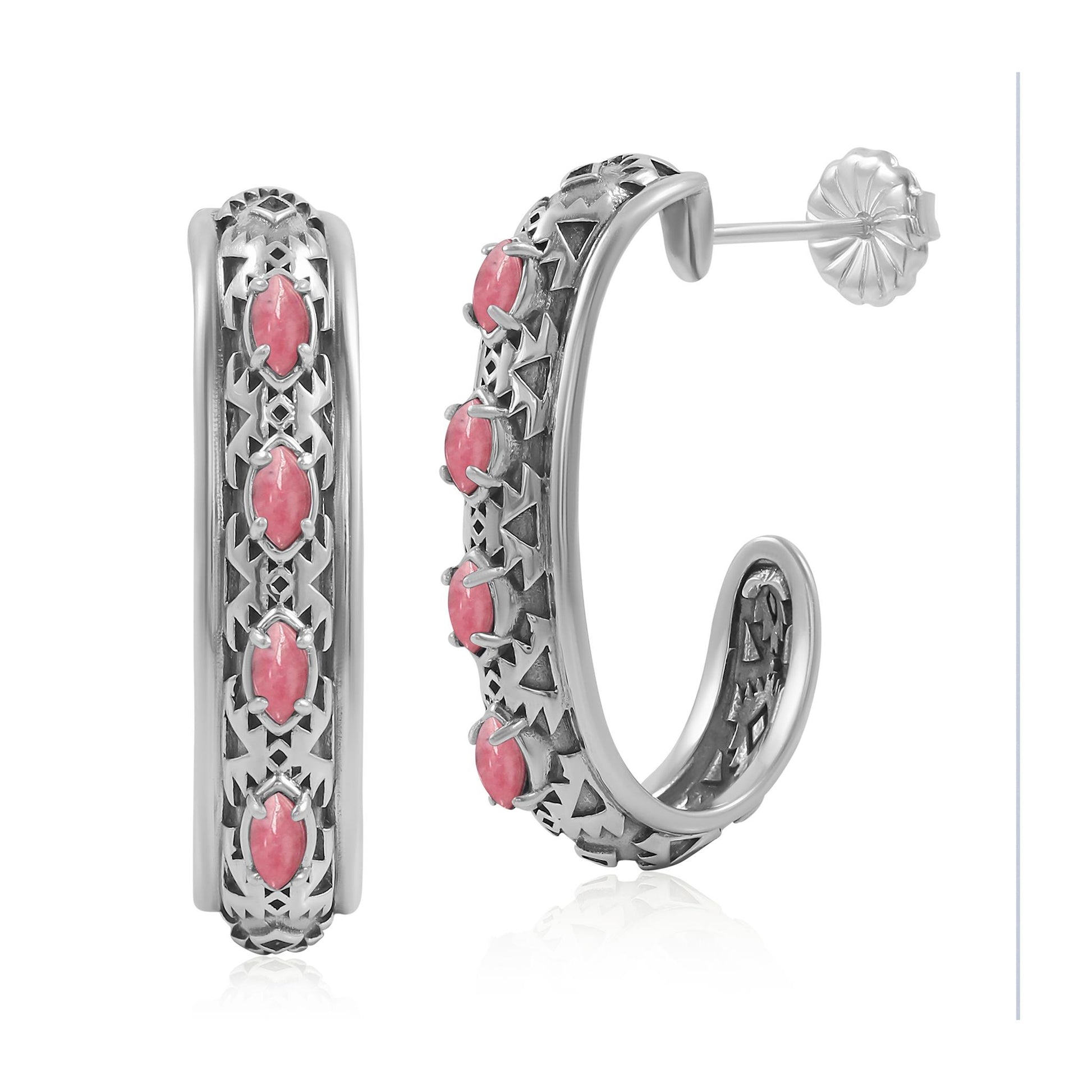Sterling Silver Rhodonite Patterned J-Hoop 1 Inch Earrings 