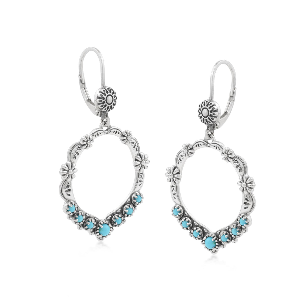 Sterling Silver Sleeping Beauty Turquoise Open Hoop Concha Lever Back Earrings