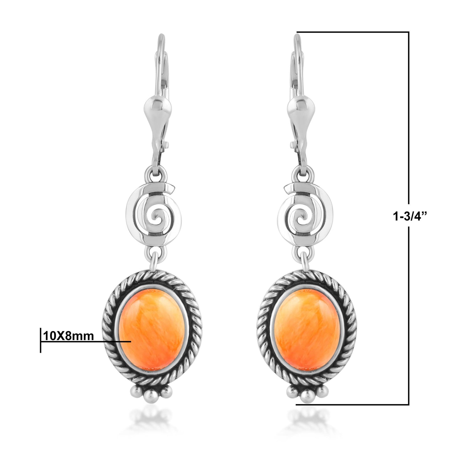 Sterling Silver Orange Spiny Oyster Life Spiral Drop and Dangle Earrings