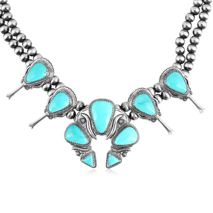 EXCLUSIVELY OURS! Sterling Silver Kingman Turquoise Large Naja Squash Blossom Necklace, 21 to 24 Inches