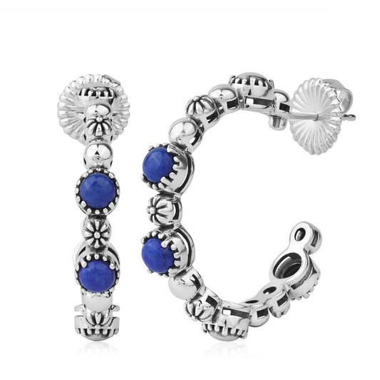 Sterling Silver Lapis 1 Inch Concha Hoop Earrings 